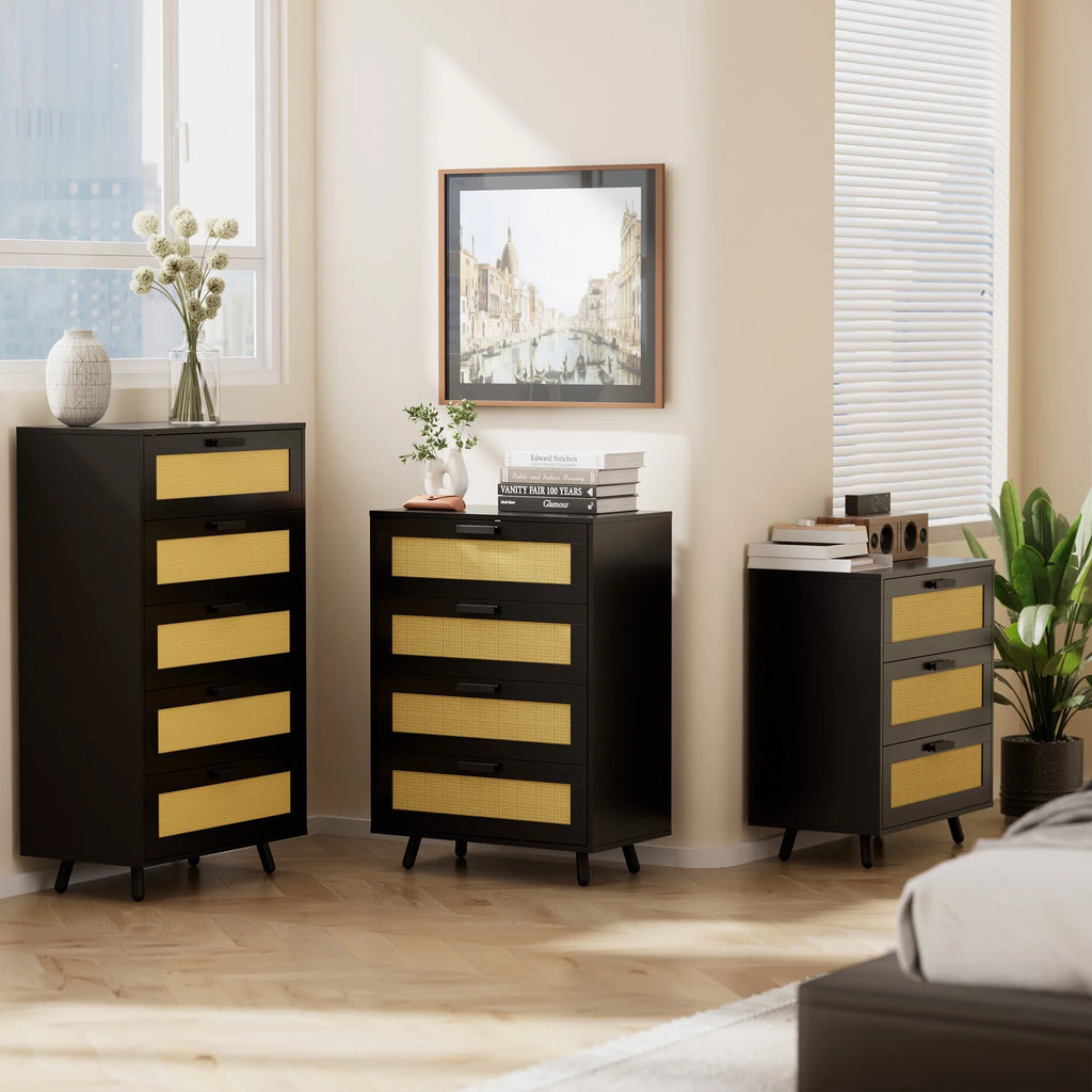 Black 4 Drawer Rattan Dresser O9459