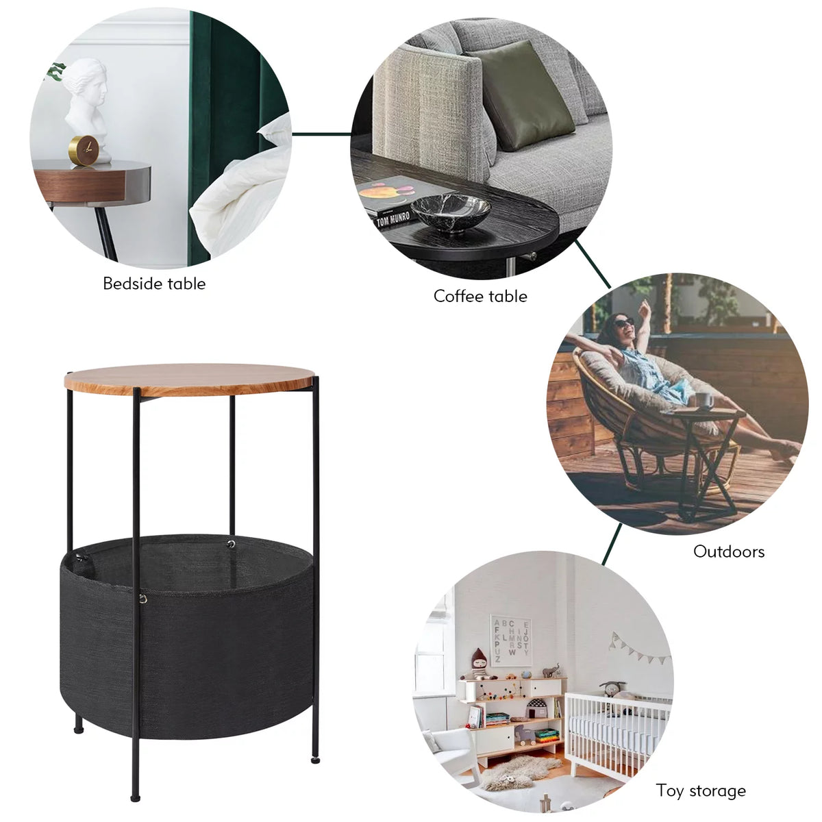 Round Wood Bedside Table with Storage Basket E834