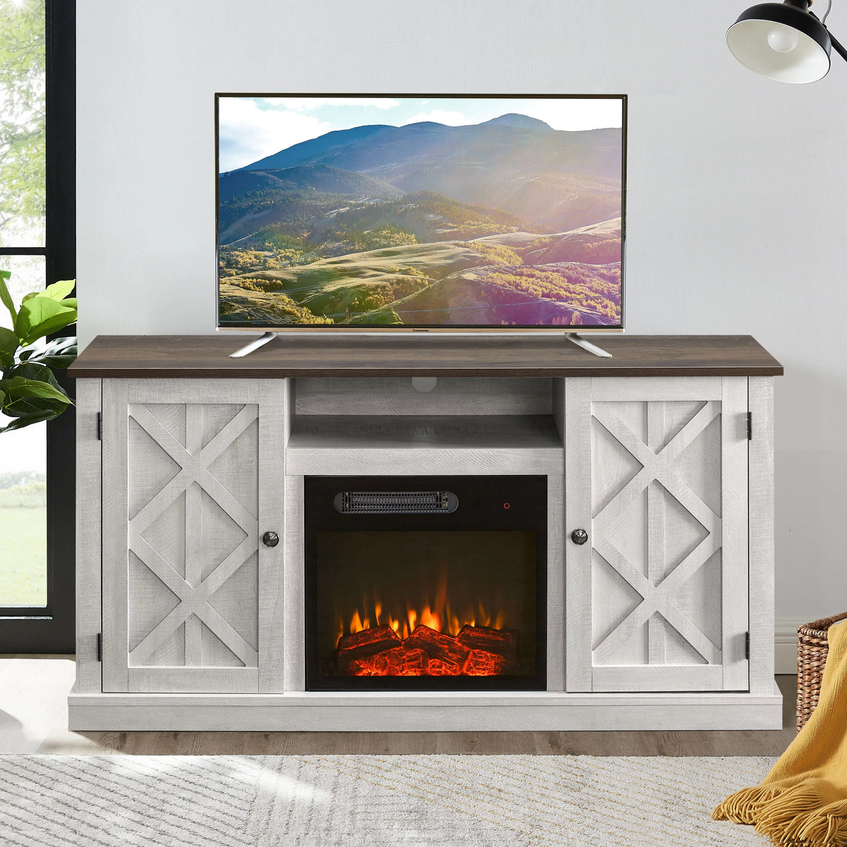 White TV Stand with Electric Fireplace R429945