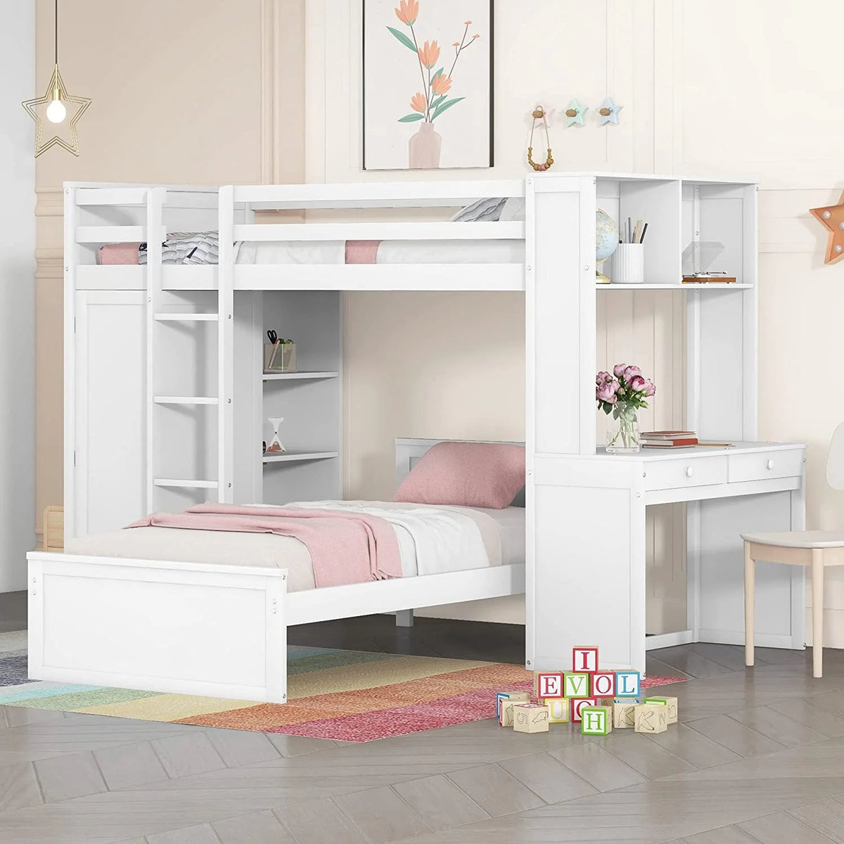 White Wooden Over Bunk Bed with Desk and Drawers L87951