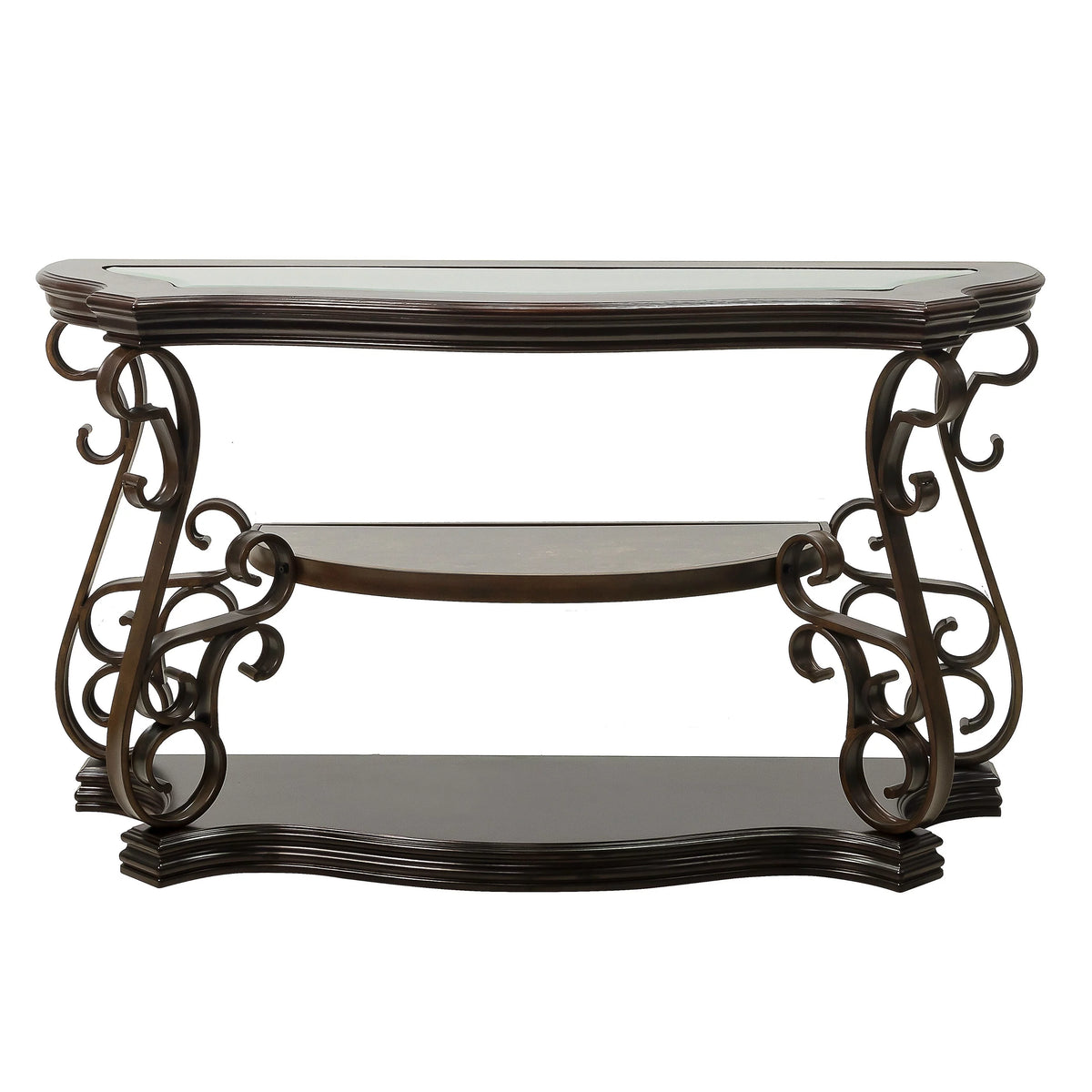 Sofa Table with Glass Table Top, Shelf, Metal Legs F307064