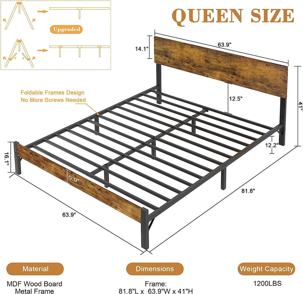 Queen Size Metal Platform Bed Frame with Headboard W75554