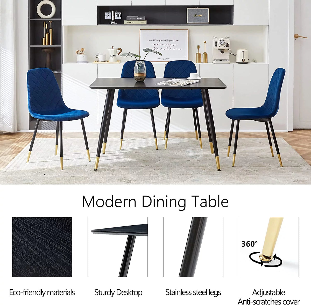 Faux Wood Rectangular Dining Table Set for 4 with Velvet Chairs B83197