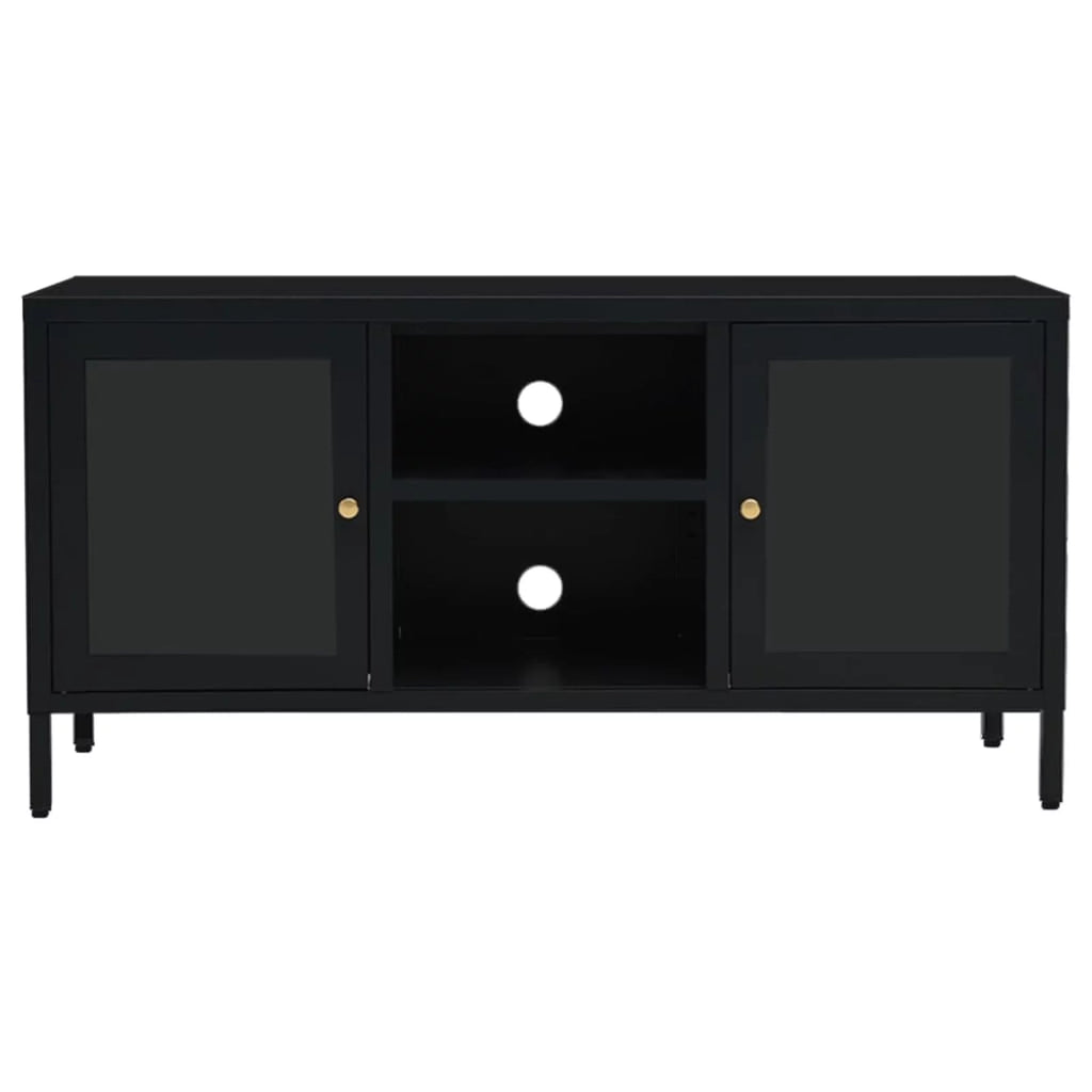 Black TV Stand with 2 Glass Doors and Open Shelves P146