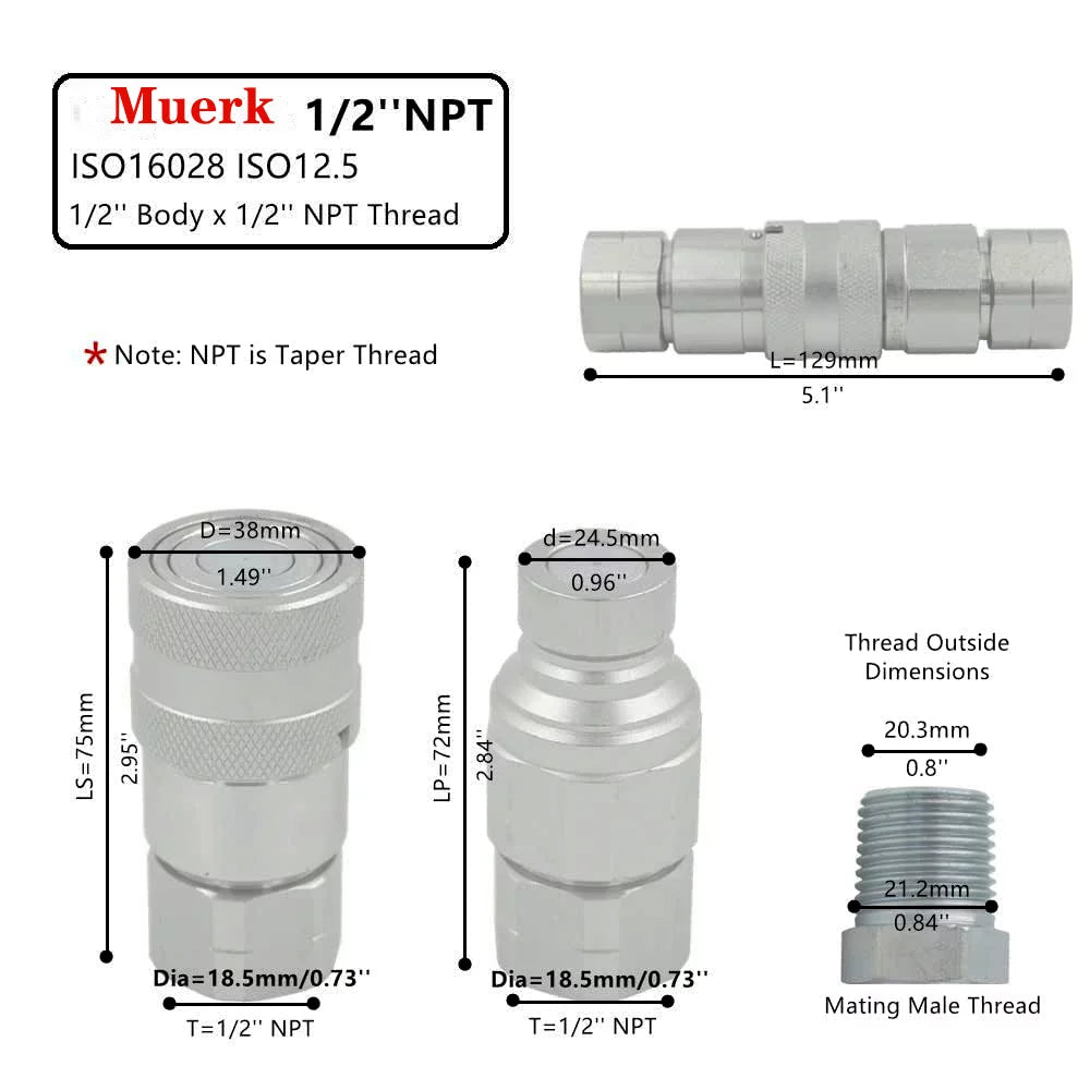 1/2" NPT Flat Face Hydraulic Quick Connect Couplers Set with Dust Caps S965
