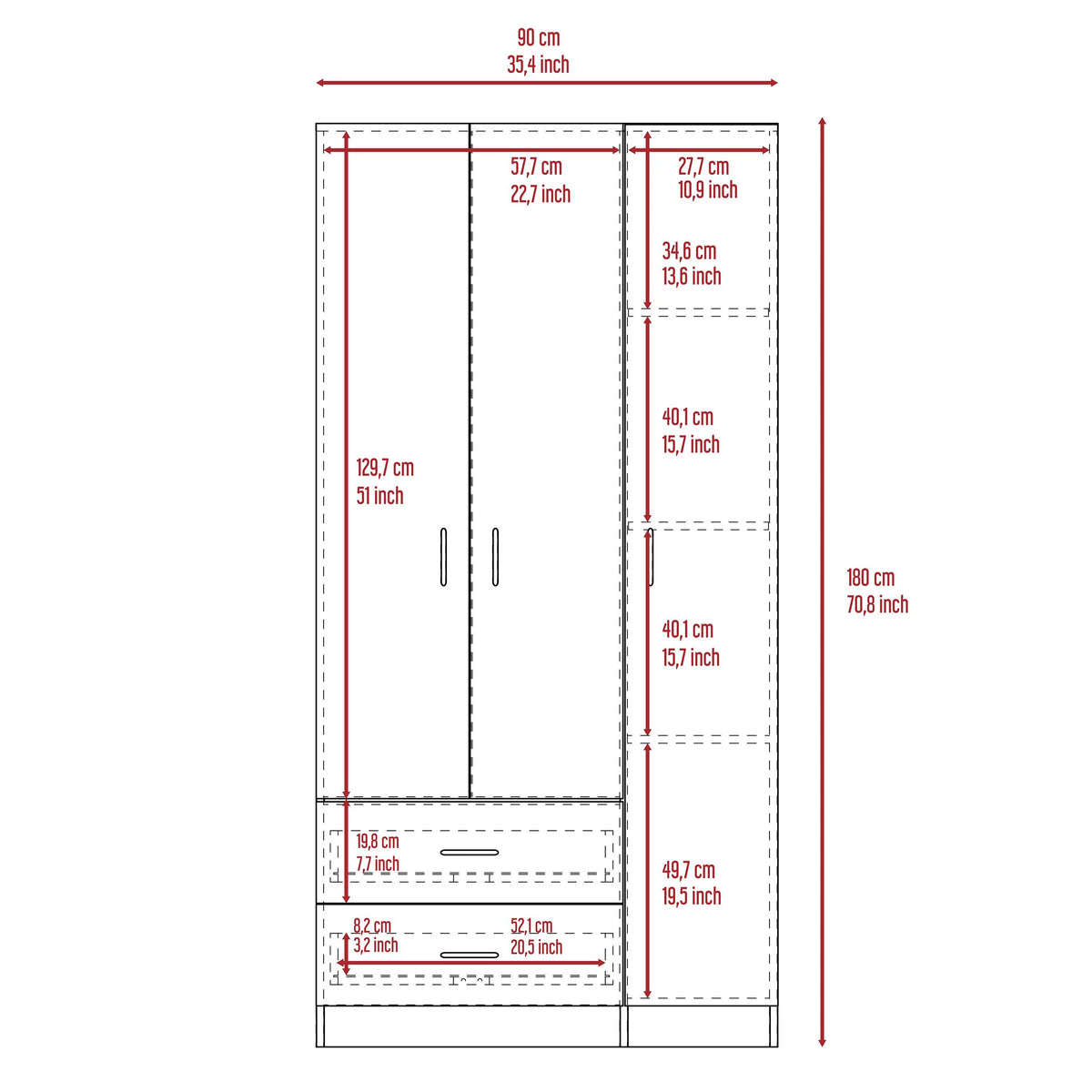 Three Door Armoire with Two Drawers and Rod B61297