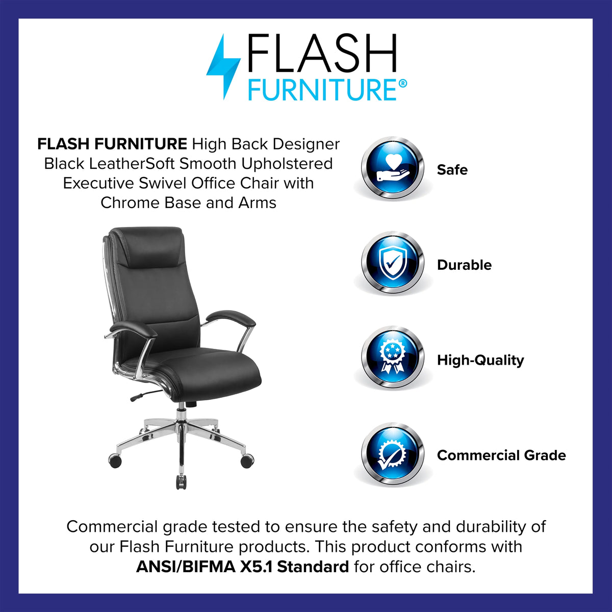 Black LeatherSoft High Back Executive Swivel Office Chair with Chrome Base E509797