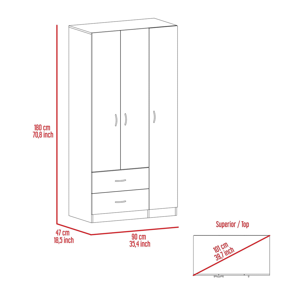 Three Door Armoire with Two Drawers and Rod B61297