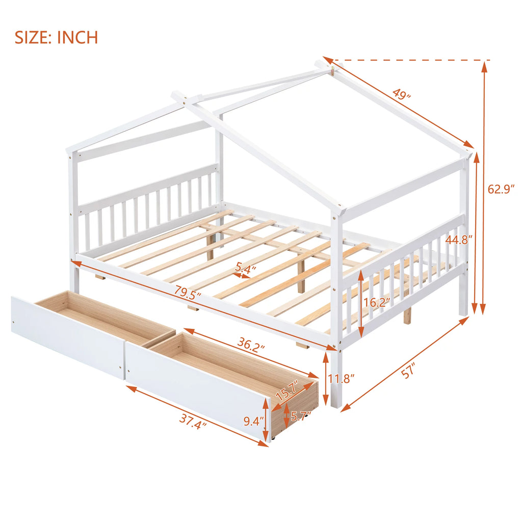 Full Size White Wooden House Bed with Drawers Y72152