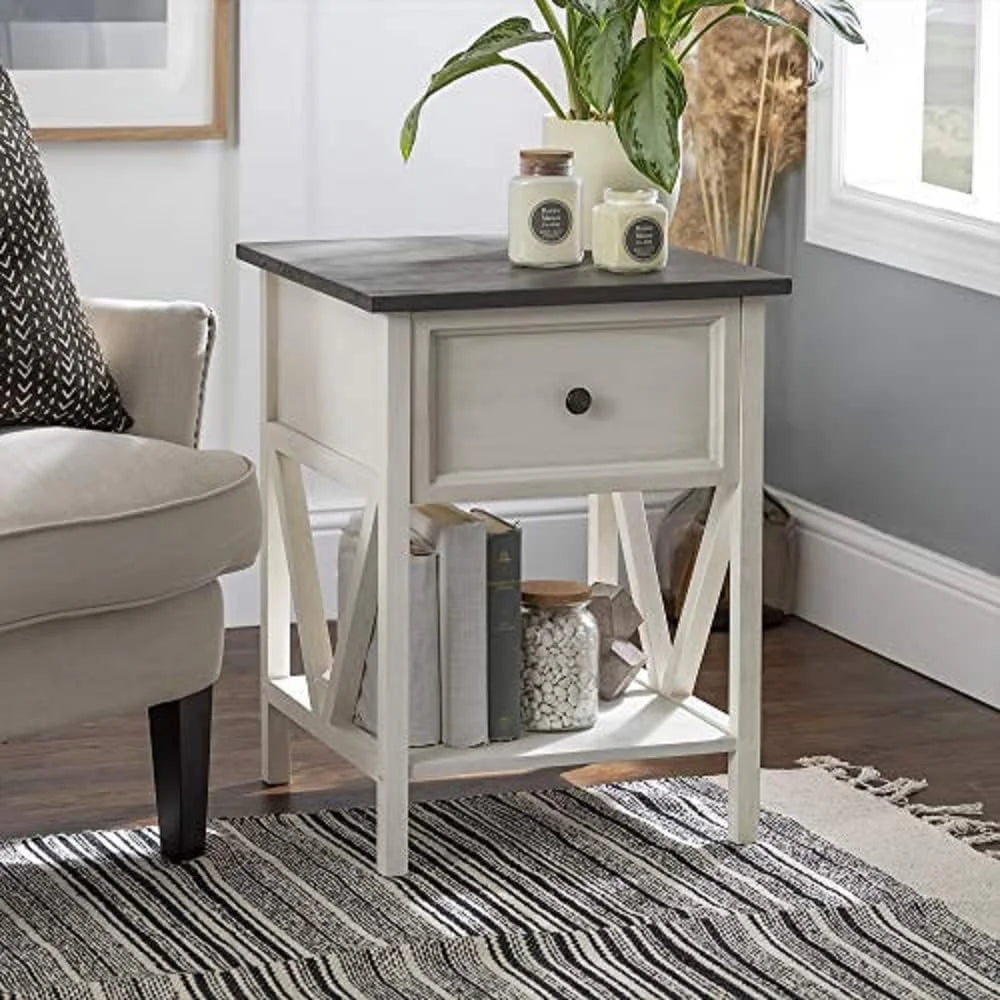 1 Drawer Wood Square Side Table, 19 Inch, Grey And White B901