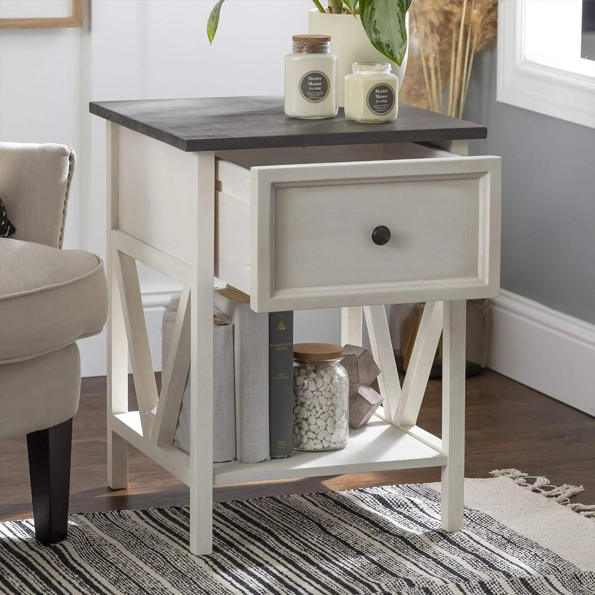1 Drawer Wood Square Side Table, 19 Inch, Grey And White B901