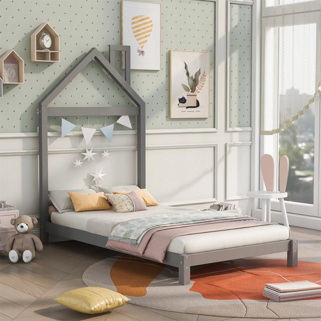 Twin Size Wood Platform Bed with House-shaped Headboard X7317