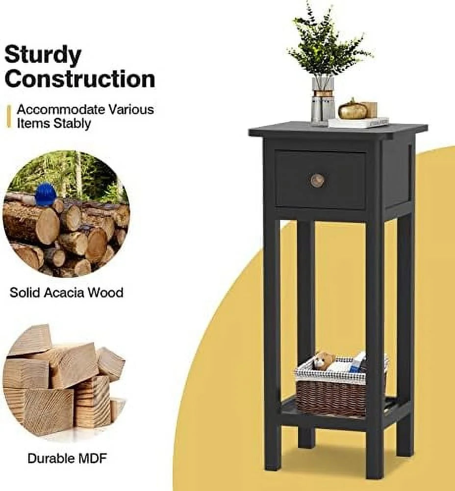 Narrow Acacia Wood Side Table with Drawer H6057