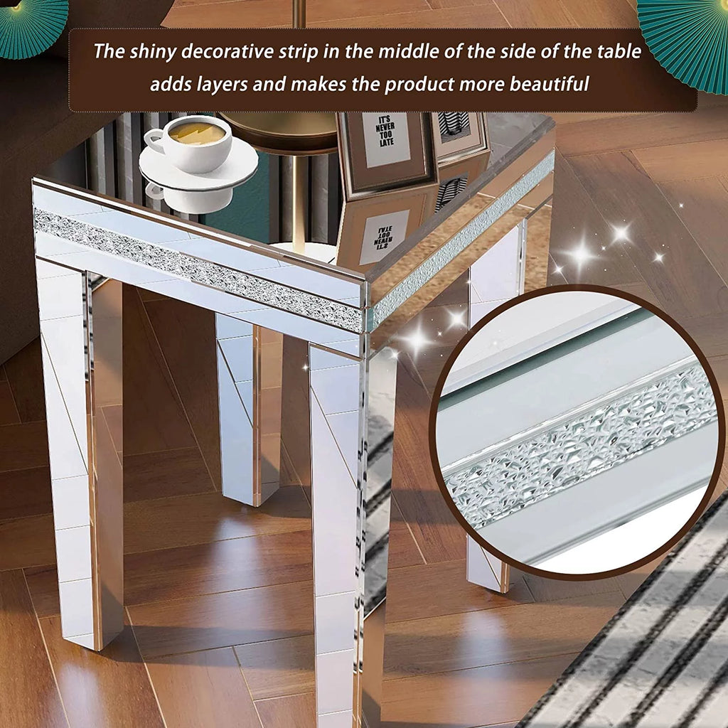 Modern Glass Mirrored Side Table with Crystal Design and Adjustable Height Legs R700935