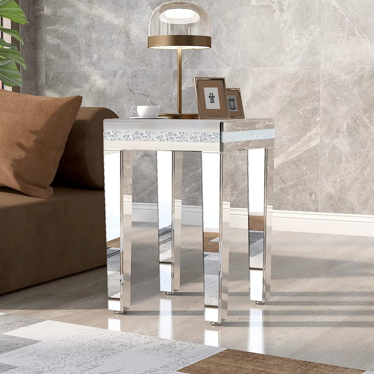 Modern Glass Mirrored Side Table with Crystal Design and Adjustable Height Legs R700935