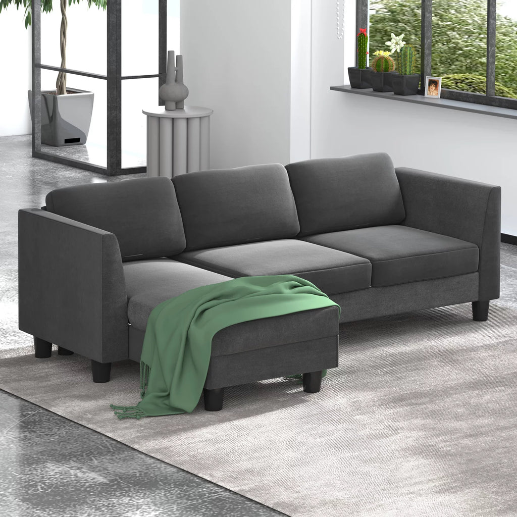 Dark Grey Velvet L Shaped Convertible Sectional Sofa with Ottoman L695