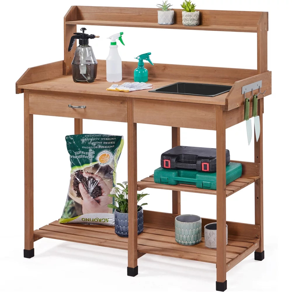Brown Garden Potting Bench with Sink Drawer T65239