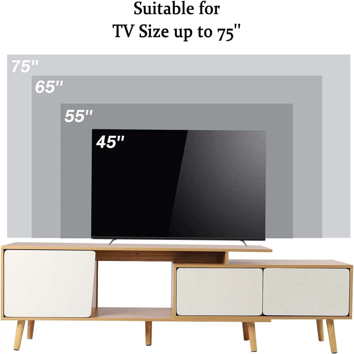 White Oak Adjustable Wooden TV Stand with 2 Drawers 1 Door K7106