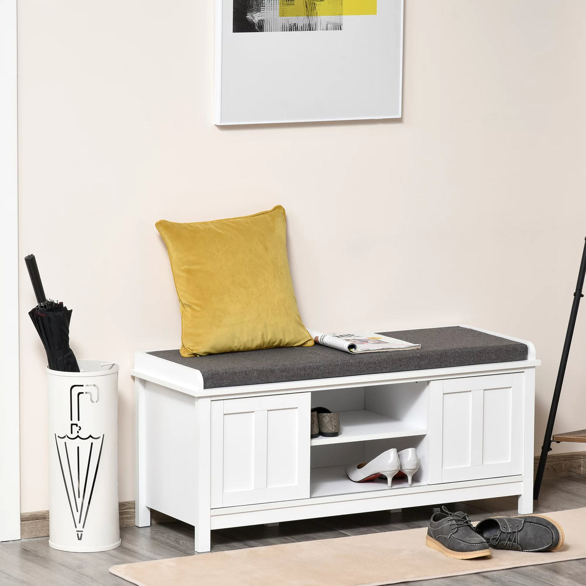 White/Gray Shoe Bench Storage Ottoman with Sliding Doors Z588418