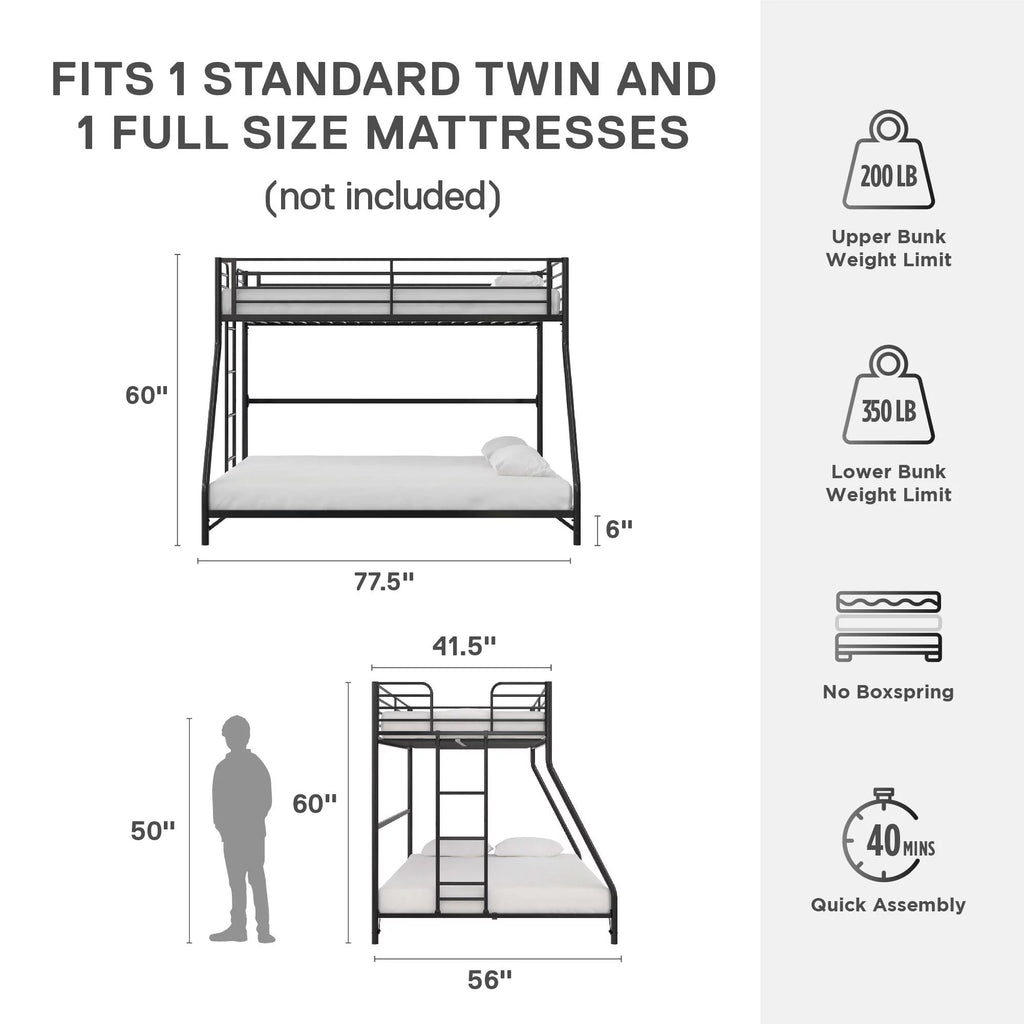 Black Twin-over-Full Metal Bunk Bed J531