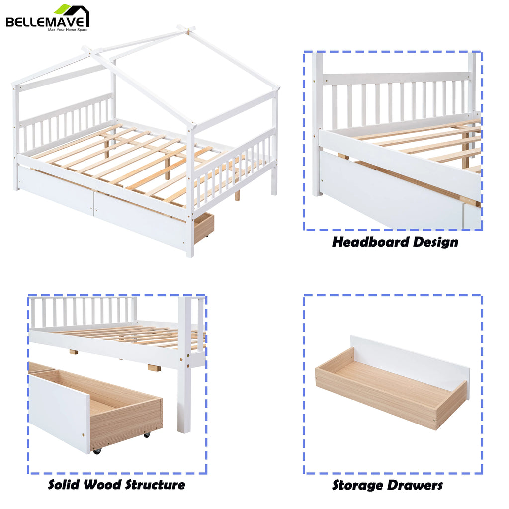 Full Size White Wooden House Bed with Drawers Y72152