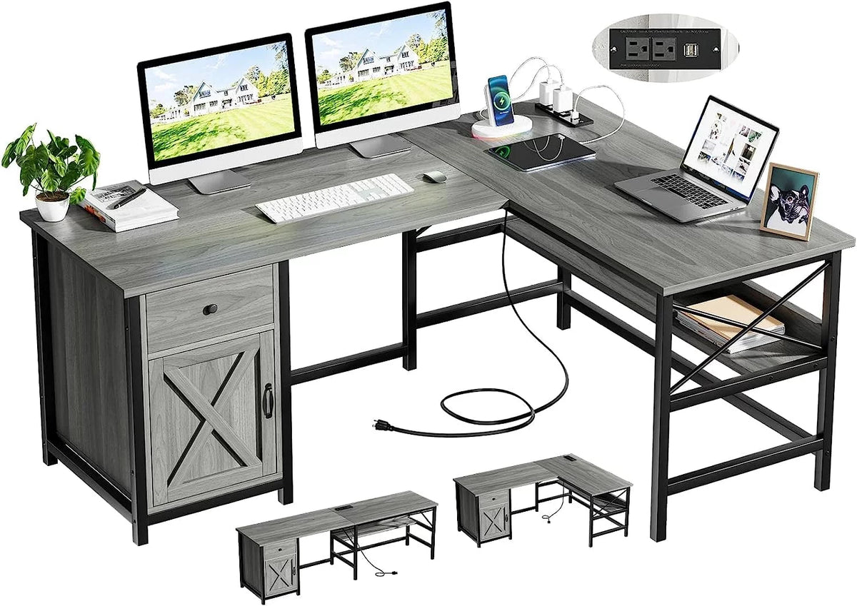63" Grey L Shaped Computer Desk with Charging Station X98080