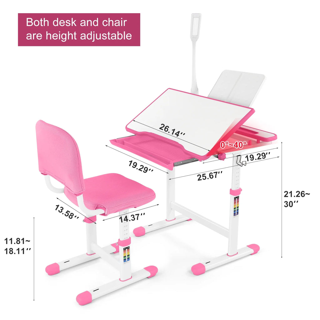 Height Adjustable Kids Study Desk & Chair Set with LED Lamp D656