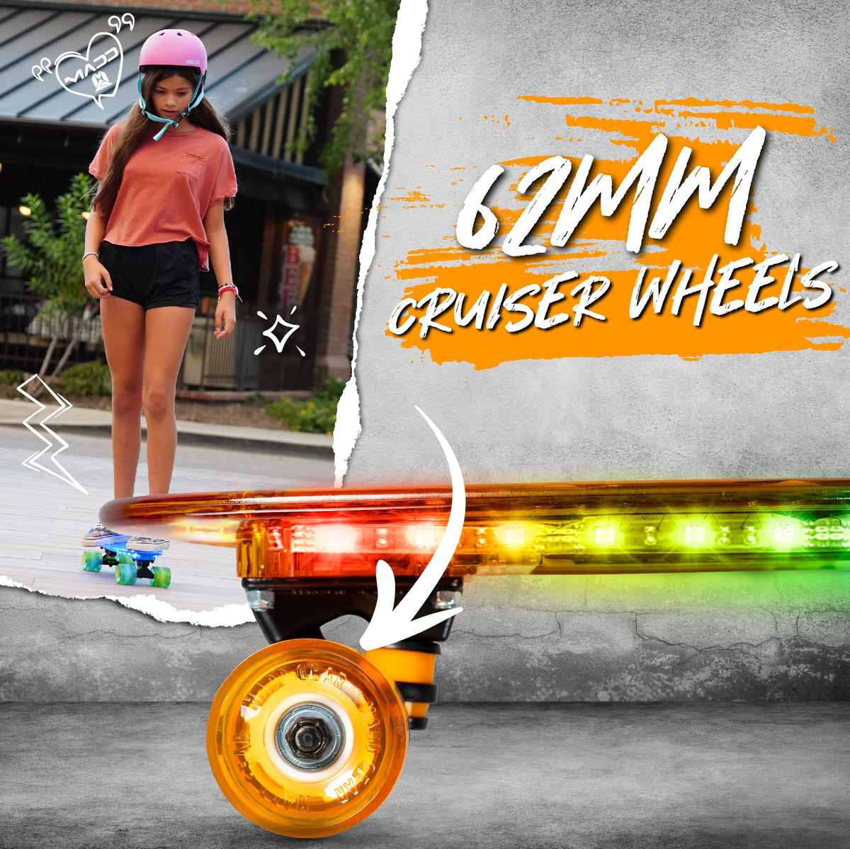 Light-up Skateboard Mini Cruiser 62mm Wheels Complete Board Orange P916
