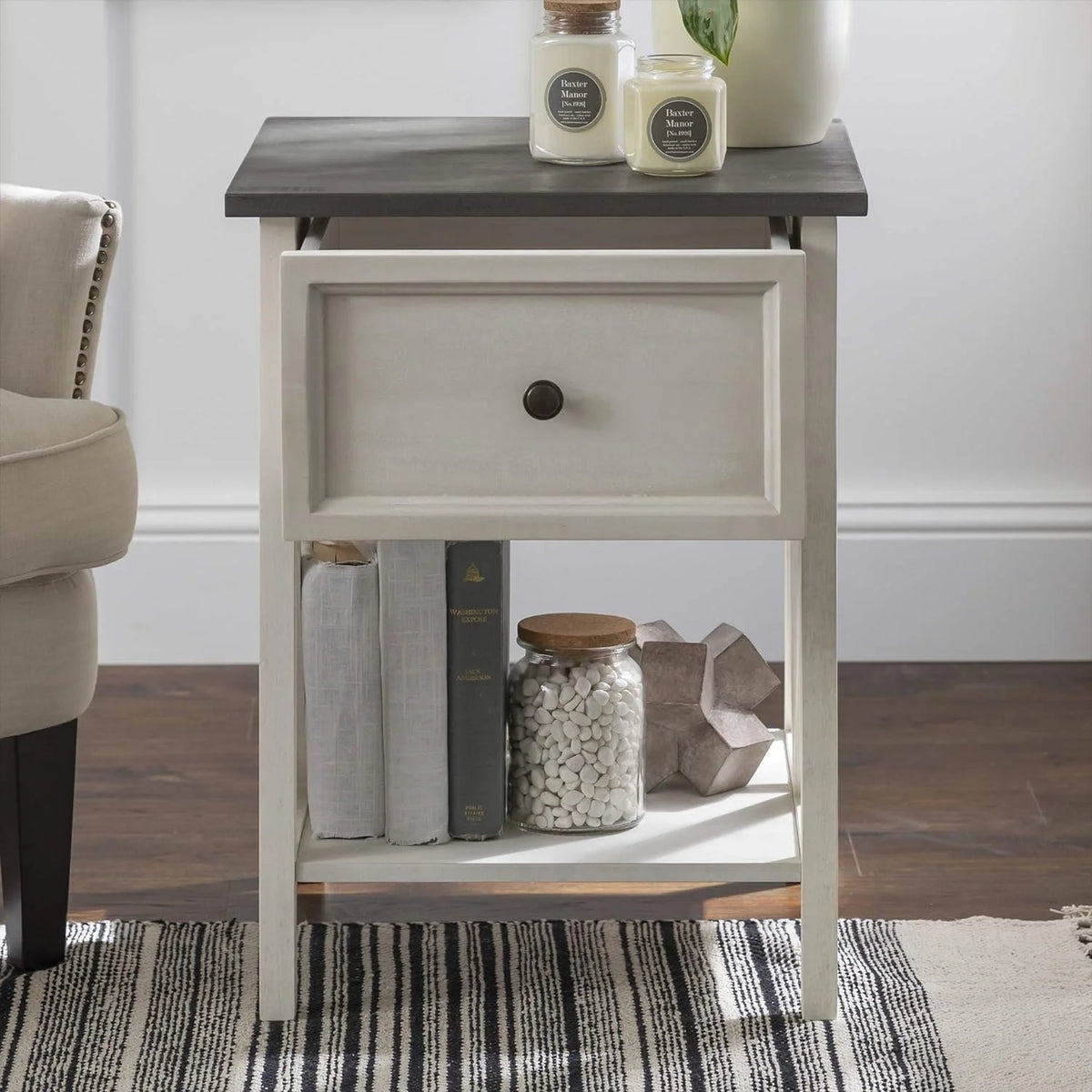 1 Drawer Wood Square Side Table, 19 Inch, Grey And White B901