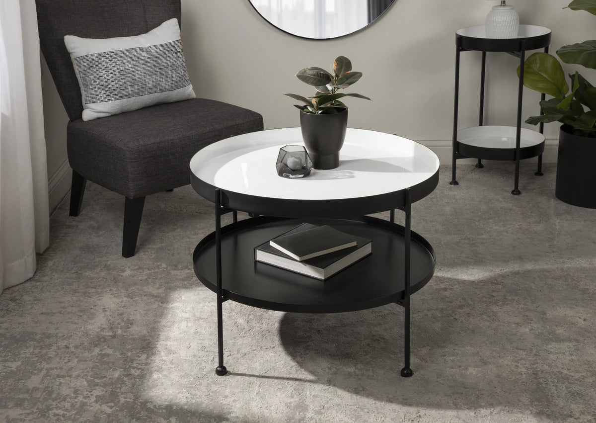 26 Inch White and Black Round Metal Coffee Table T2918