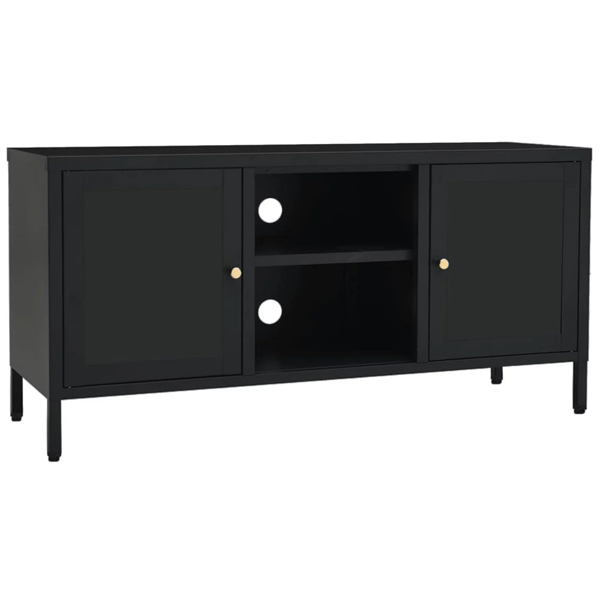 Black TV Stand with 2 Glass Doors and Open Shelves P146