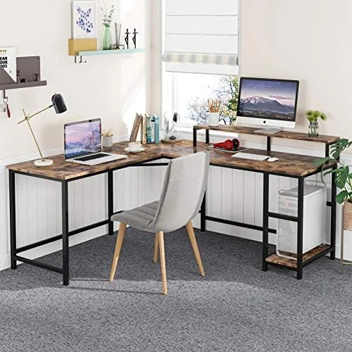 55" L-Shaped Wood Computer Desk with Shelves O811