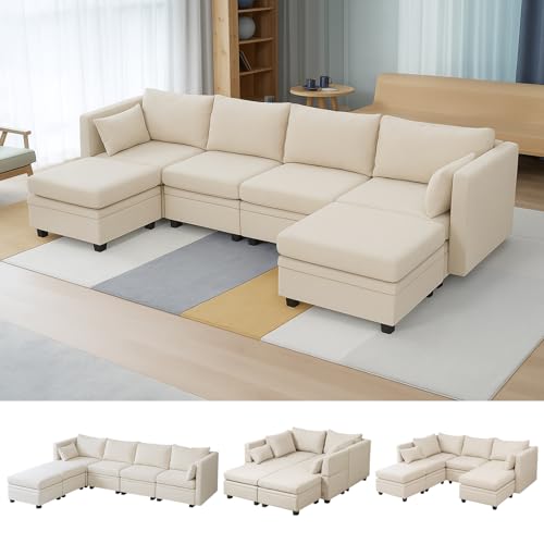Beige 6 Seater U Shaped Modular Sectional Sofa with Storage Q89941