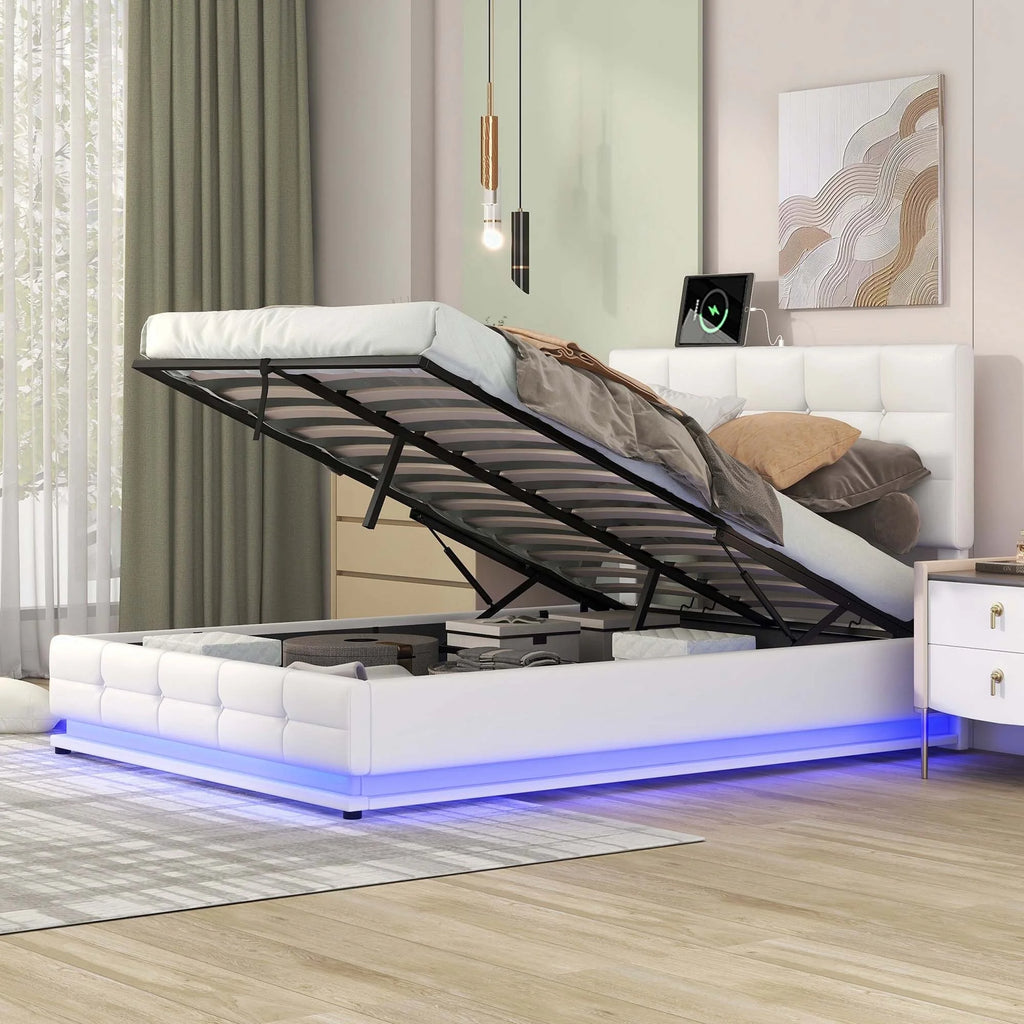 White Queen Size Tufted Upholstered Platform Bed with LED Lights and USB Charger F63431