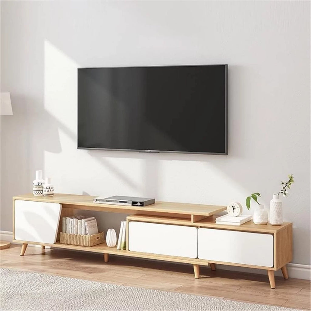 White Oak Adjustable Wooden TV Stand with 2 Drawers 1 Door K7106