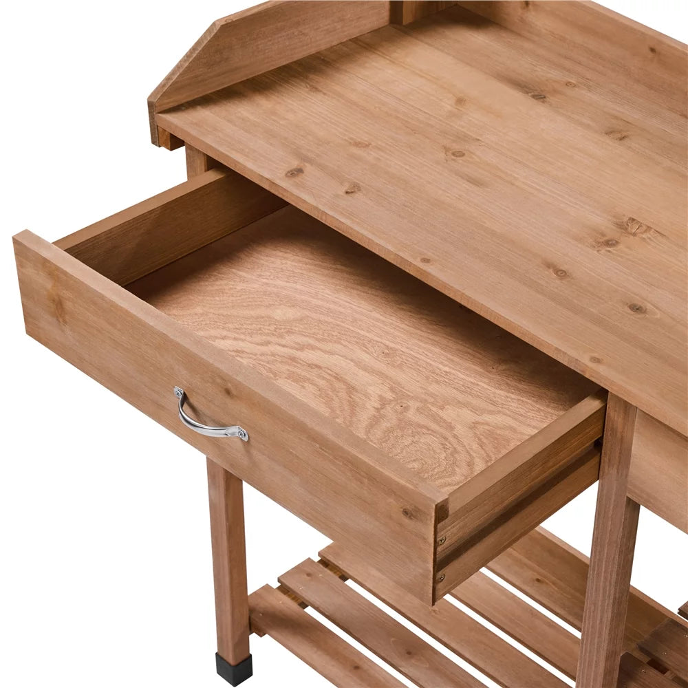 Brown Garden Potting Bench with Sink Drawer T65239