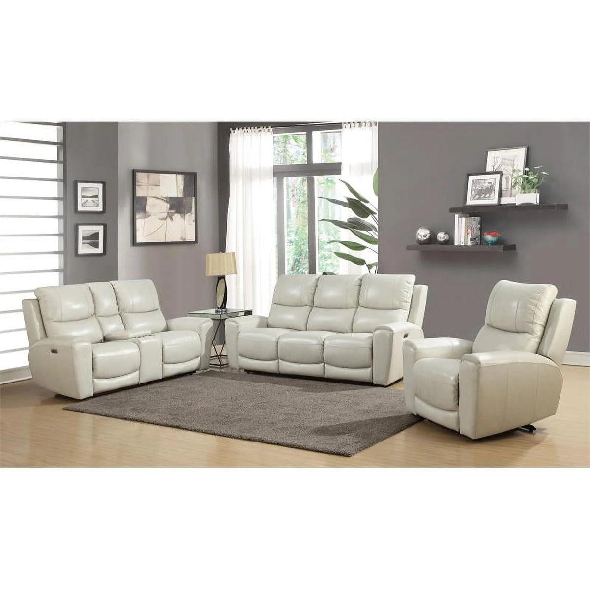 Ivory Leather Power Reclining Console Loveseat V6382