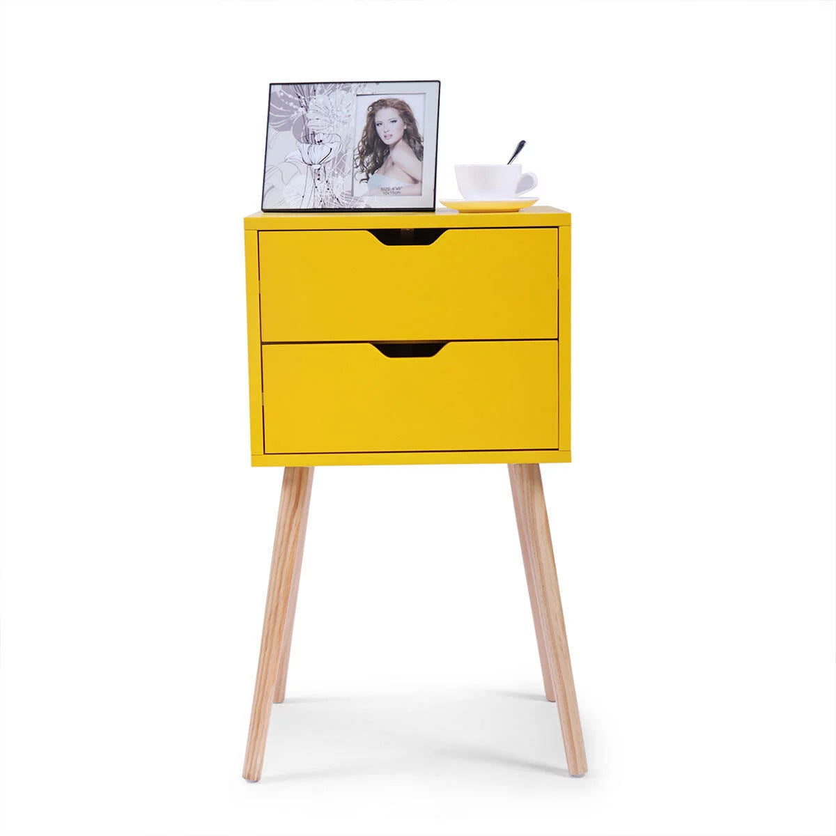Set of 2 Nightstand with 2 Storage Drawer Solid Wood Side End Table Yellow G958021