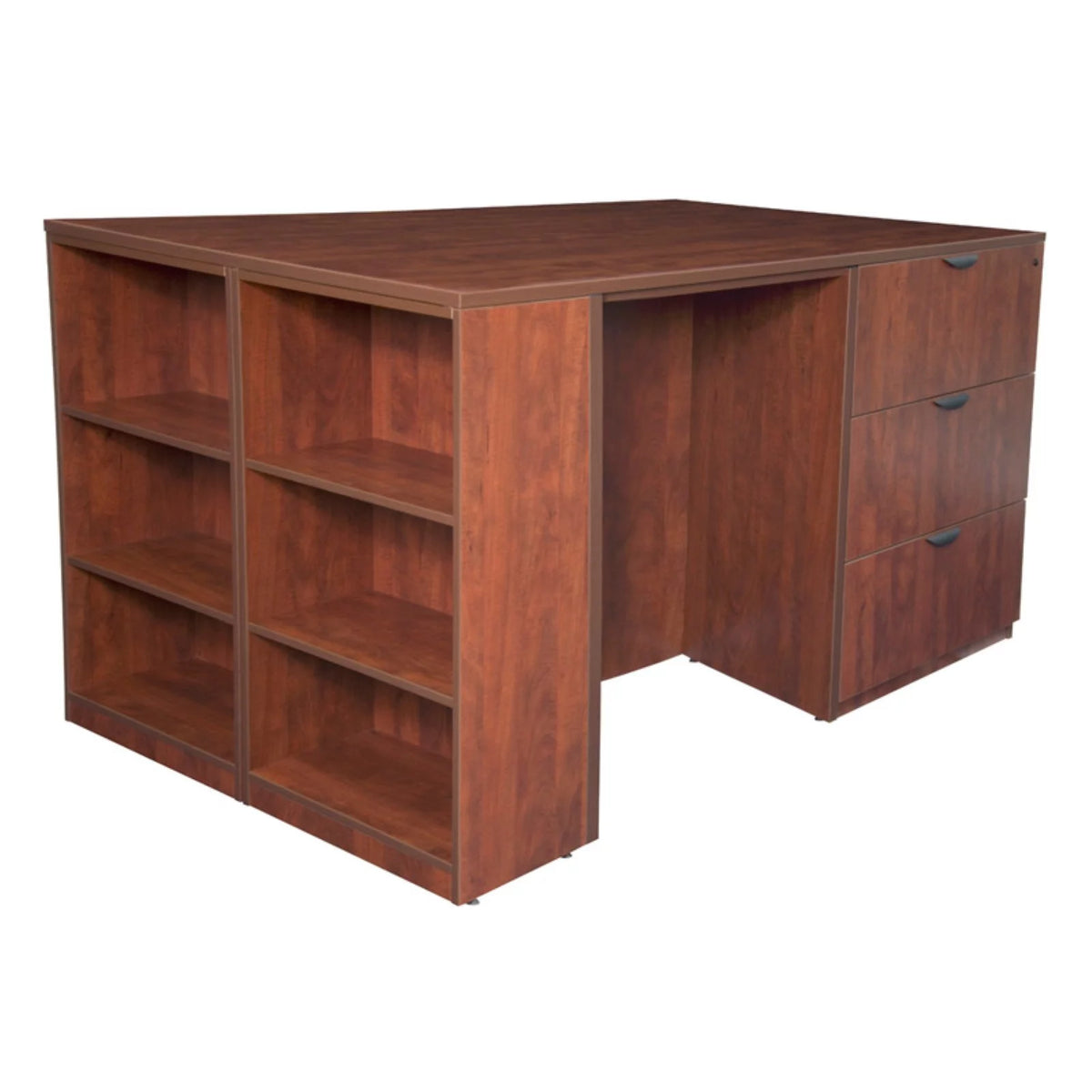 Cherry Stand Up Lateral File & 3 Desk Quad with Bookcase End N70418