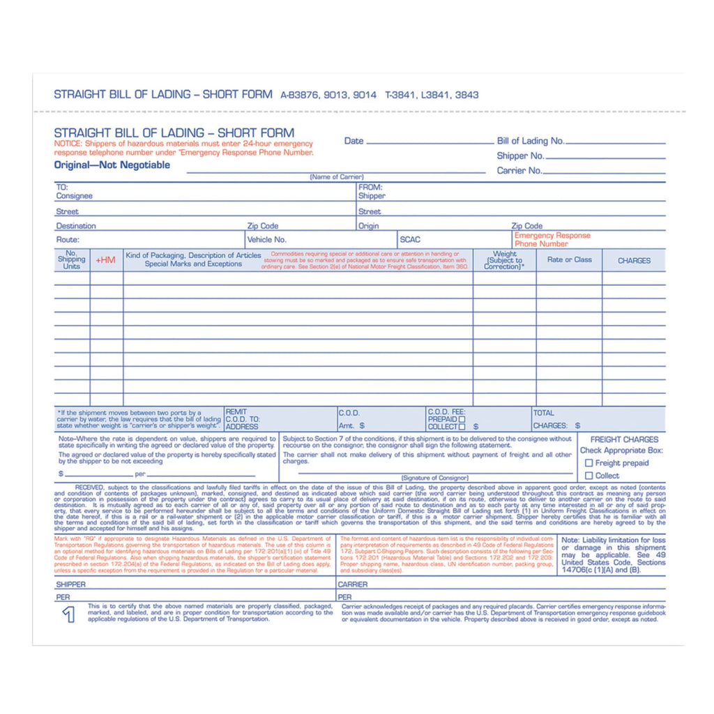 Carbonless Bill of Lading 250 Forms/Pack J260652