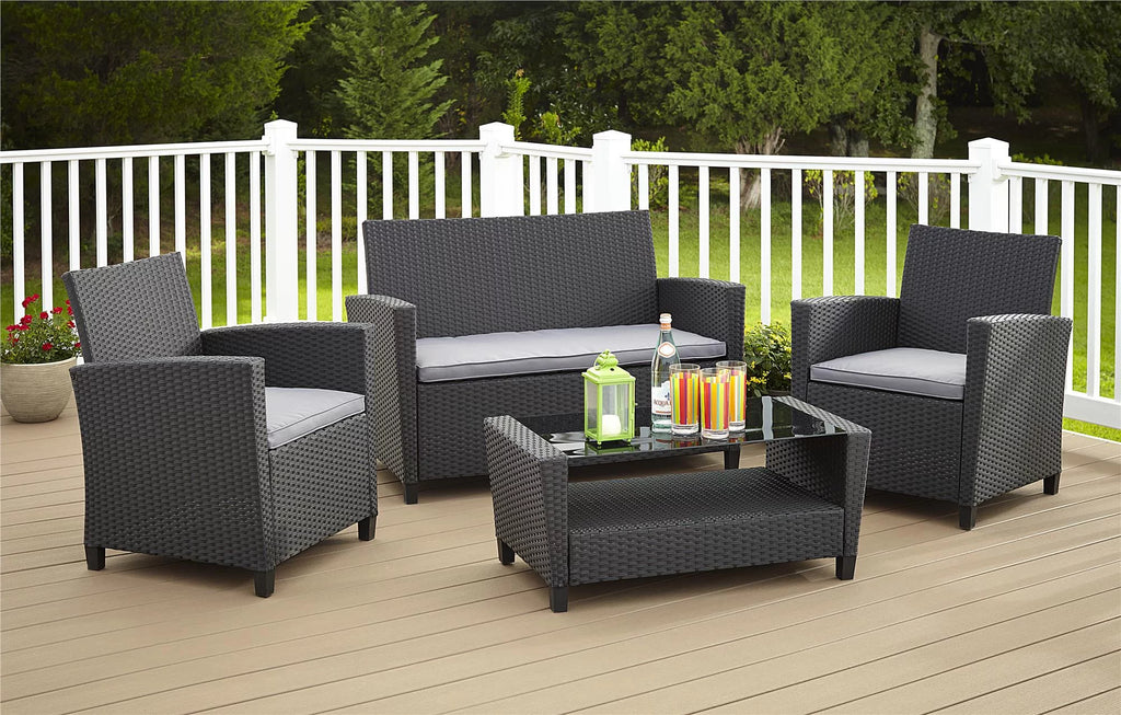 4 Piece Conversation Set with Gray Cushions Black Resin Wicker C293827