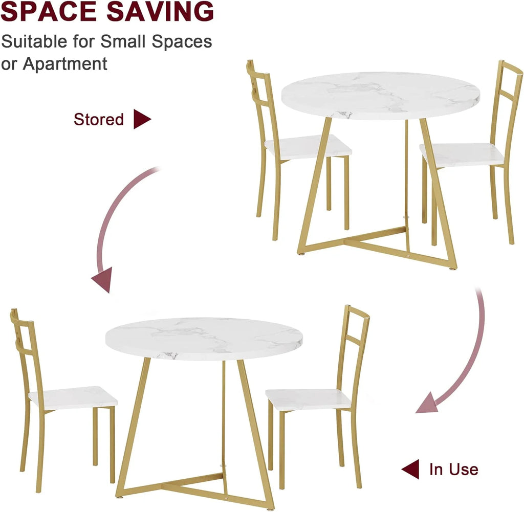 Round 3 Piece Marble White Gold Dining Table Set X5477