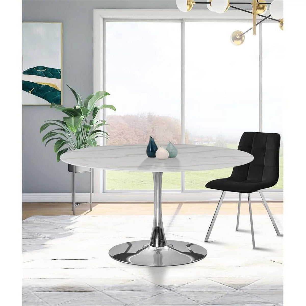 48" Round Faux Marble Top Dining Table with Chrome Base I1738