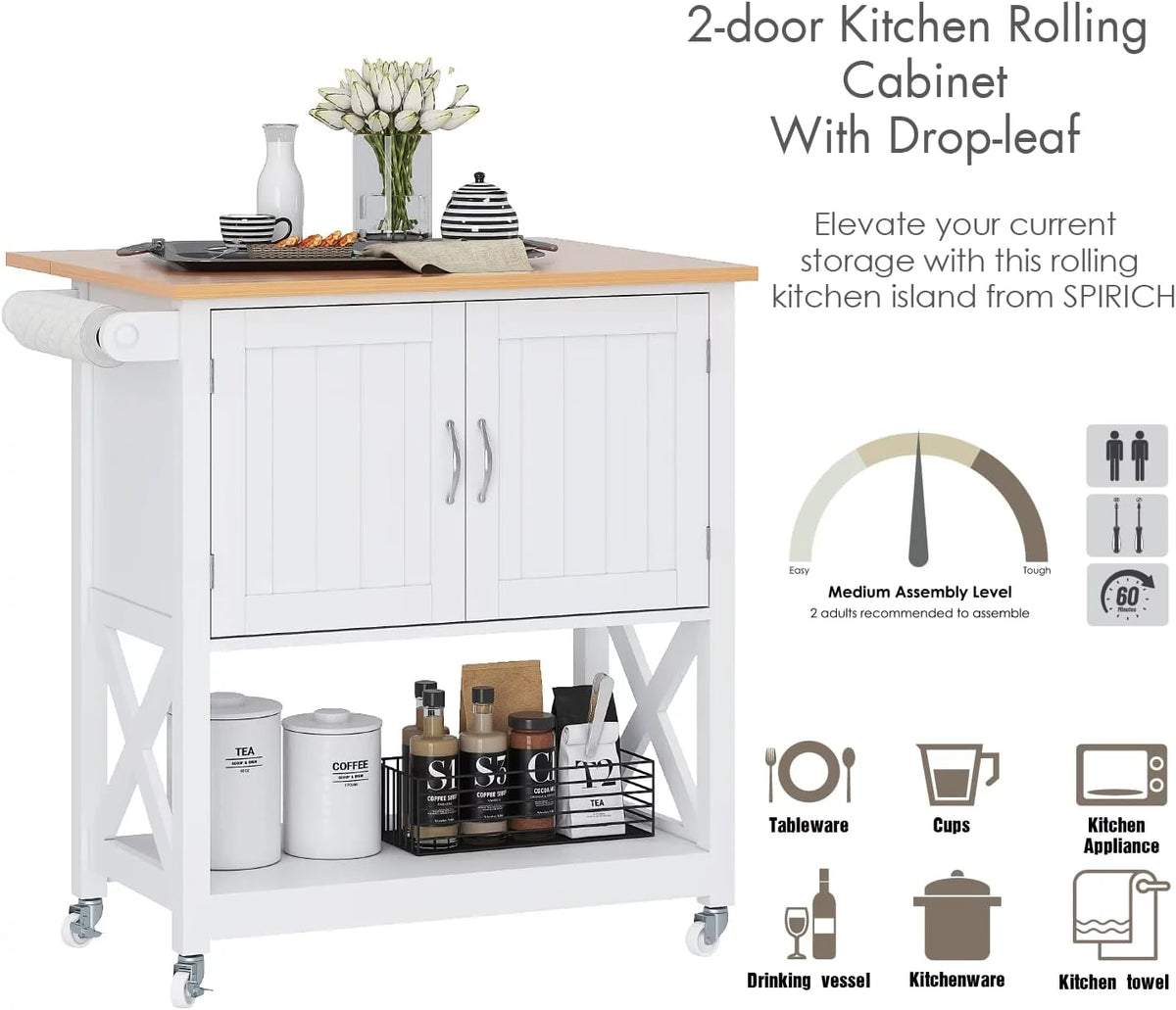 White Kitchen Island on Wheels with Storage Cabinet and Drop Leaf J1031