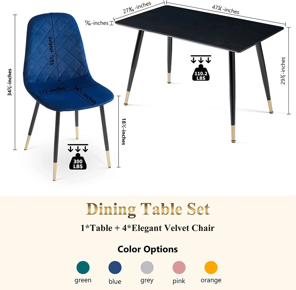 Faux Wood Rectangular Dining Table Set for 4 with Velvet Chairs B83197