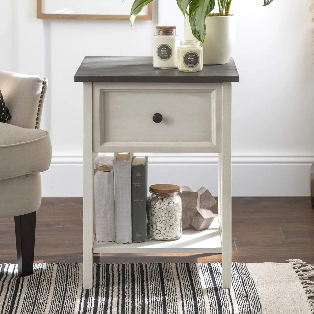 1 Drawer Wood Square Side Table, 19 Inch, Grey And White B901