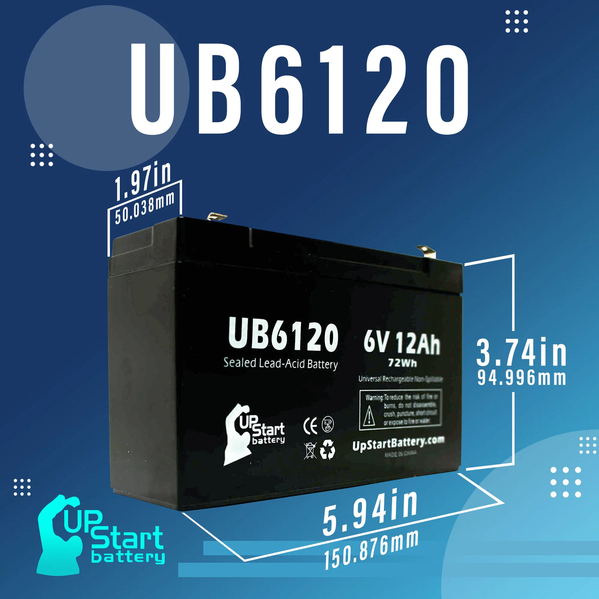 6V 12Ah Sealed Lead Acid Battery with F1 to F2 Terminal Adapters C985