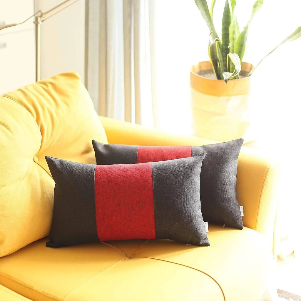 Set Of Two 20" X 12" Black And Red Geometric Polyester Lumbar Pillow A48083