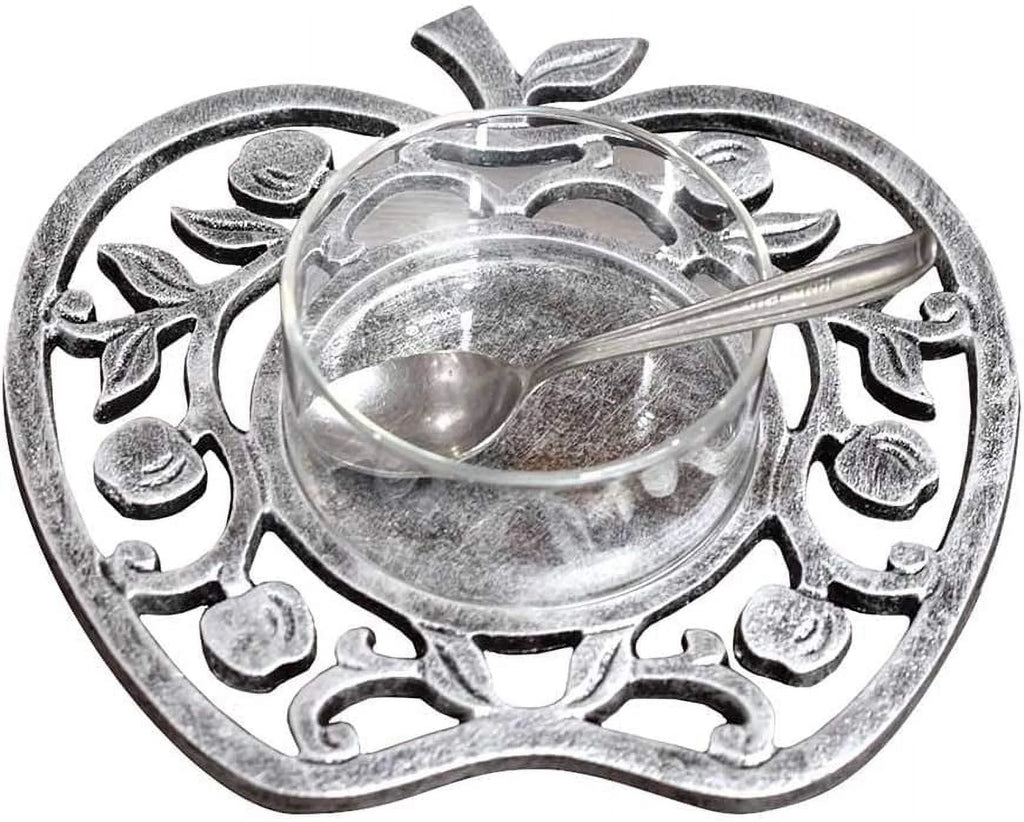 Apple Shaped Silver and Glass Bowl 4 Piece Honey Dish E80746