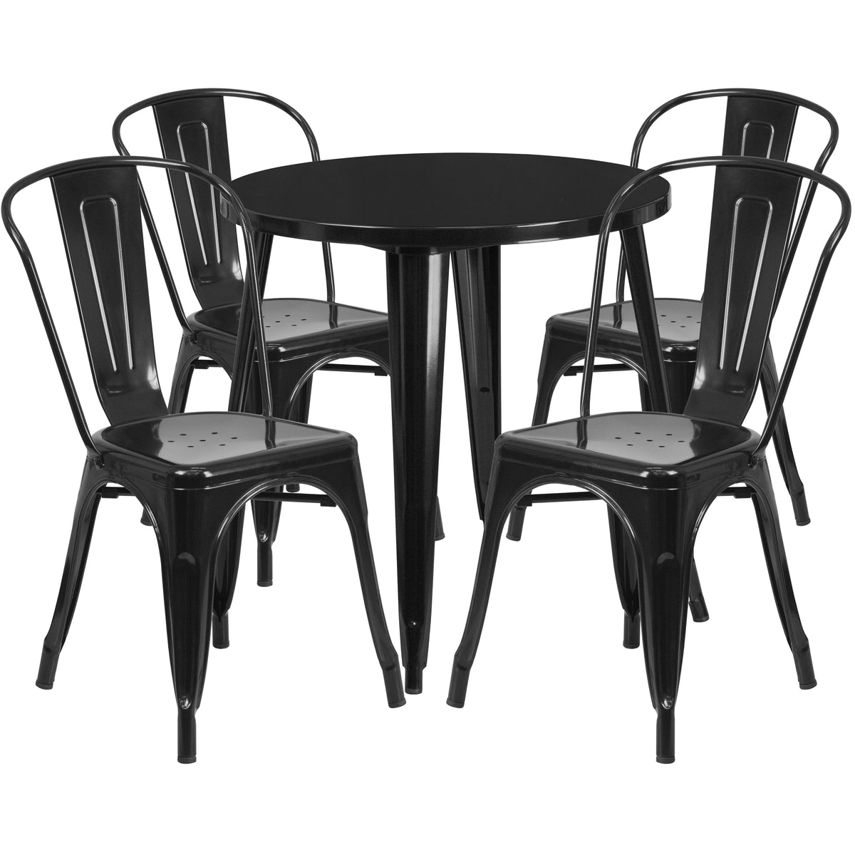 30" Round Black Metal Indoor-Outdoor Table Set with 4 Cafe Chairs E85798